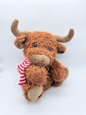 Walmart Brown Highland Cow Plush Stuffed Animal Red White Scarf Christmas 12"